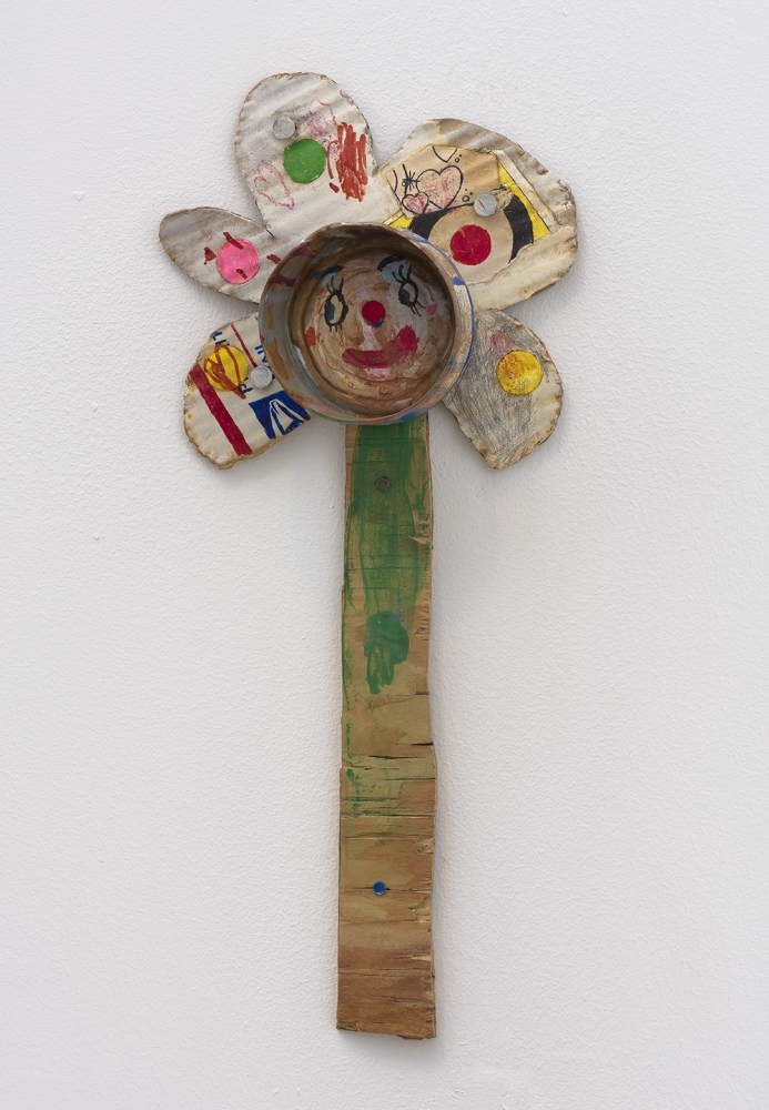 Wall Flower, 2014, Unfired clay, paint, ink, crayon, graphite and nails
