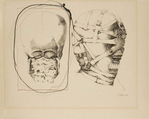 Skull and Head, 1968, Ink and graphite on paper