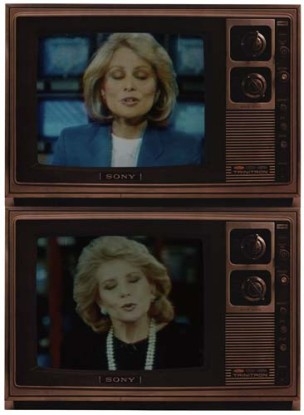 T.V. Network Newswomen Corresponding (Faith and Barbara), 1986, Two cibachrome prints with paper TV mat lithographs
