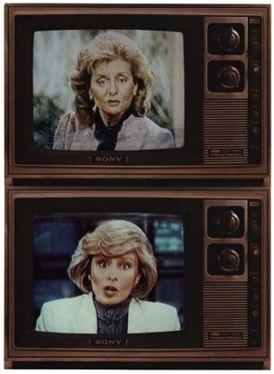 T.V. Network Newswomen Corresponding (Faith and Barbara), 1986, Two cibachrome prints with paper TV mat lithographs