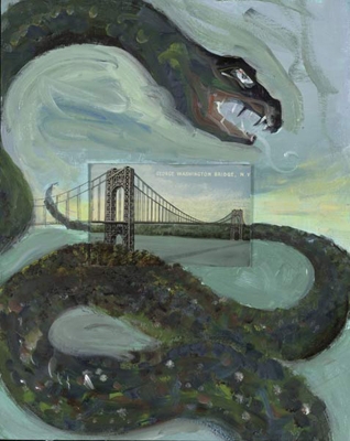 George Washington Bridge, 2006, Oil and postcard on wood panel