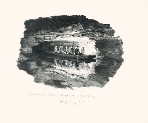 Searching for Passion and Sex (and an even exchange, people in boat in cave), 1979, Pencil on paper