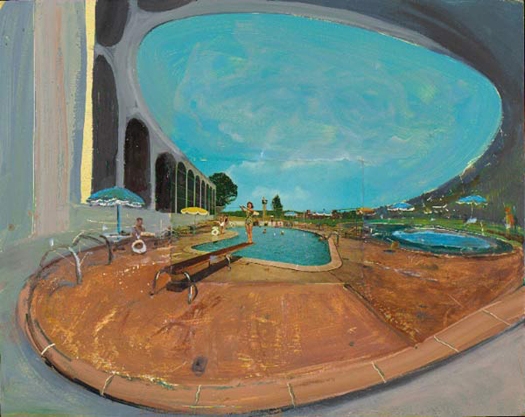 Untitled (pools), 2007, Oil and postcard&nbsp;on wood panel