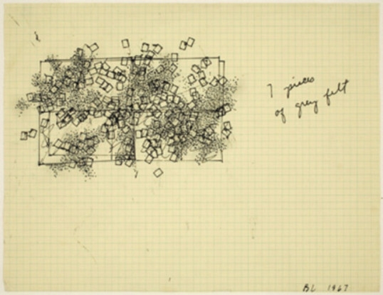 7 Pieces of Gray Felt, 1967, Ink on yellow graph paper
