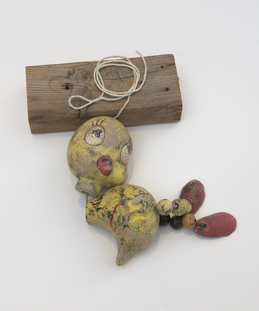 Untitled (Tweety Bird), 2014, Unfired clay, paint, ink, crayon, sting and wood