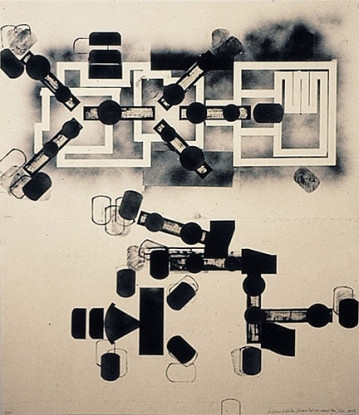 Sculptured Activities (Entrance-Exit with Abscessed Plan), 1988-89, Ink and spray paint, cut and glues to paper