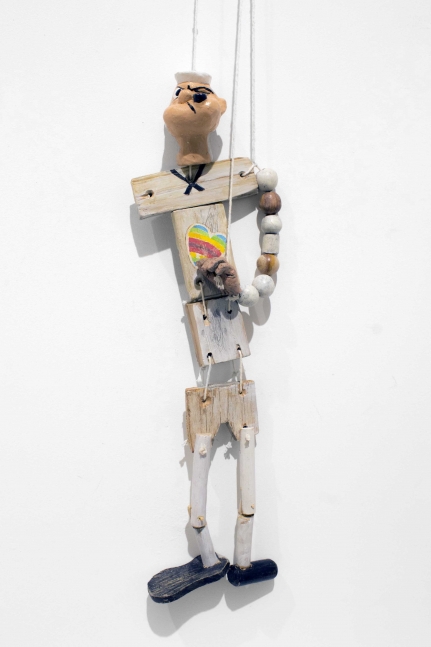 Popeye Puppet, 2018, Unfired clay, paint, ink, string and wood