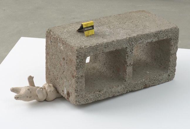 Have a Lovely Day or Ponderosa, 2014, Unfired clay, cinder block, wood, paint and ink