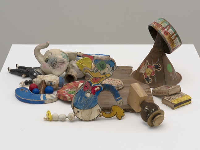 Little Heap, 2014, Unfired clay, paint, ink, crayon, wood and string